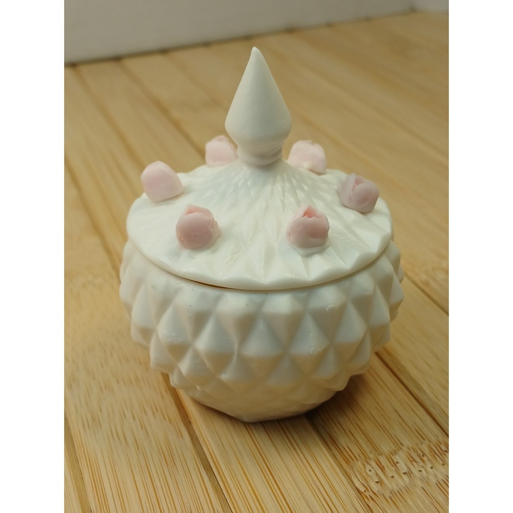 Vintage Norcrest Japan Milk Glass Trinket Box Pink Rosebuds Diamond Point Lid